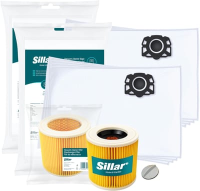 Sillar Stofzuigerzakken synthetisch, 8 stuks + 1x stofzuigerfilter versterkt met gaas - met bevestigingsplug - set voor stofzuigers - compatibel met Karcher WD1 WD2 WD3 WD3.200 KWD1 KWD2 KWD3 SE4 SE4001 SE4002 - vervangers