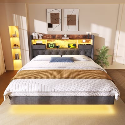 160x200 cm gestoffeerd bed - zwevend bed met LED-verlichting - hoofdeinde en oplaadstation - met opbergruimte - grijs - zonder matras