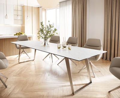 Eettafel Edge keramiek Laminam® Statuarietto wit 300x100 roestvrij staal hoekig