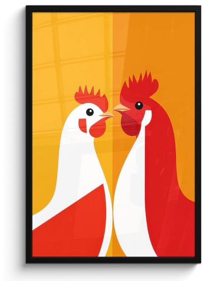 Poster in lijst - Fotolijst 60x90 cm - Posters - Kippen - Oranje - Vlakken - Posterlijst zwart - Decoratie - Wanddecoratie woonkamer - Muurdecoratie slaapkamer