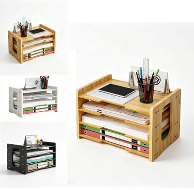 KZQ Houten Bureau-organizer - Vierlaags opbergrek, geschikt voor kantoren en scholen - Ruime opbergvakken voor notities, mappen en pennen - Donkerbruin - 36 x 25 x 22,2 cm