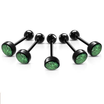 Aramat Jewels | Tongpiercings | Bioplast Tongpiercing met Dierenhuid Motief | Tijger-Groen | |8mm | Kunststof | Volwassenen | Verkleurd niet