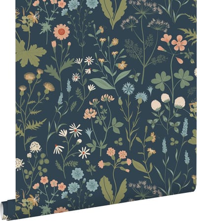 ESTAhome behang veldbloemen donkerblauw, groen en roze - 53 cm x 10.05 m - 139698