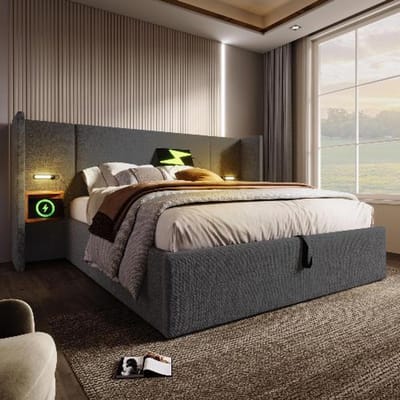 BLACK COLORS Bed 180×200 cm met beklede opbergruimte, nachtkastje, leeslamp en USB Type-C Linnen Grijs
