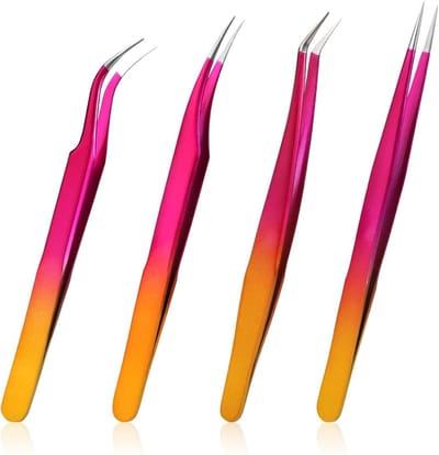4-delige set wimperpincet van roestvrij staal voor wimperverlenging - volume-isolatie - klassieke wimpers - besmeurde valse nagels - gradiëntkleur