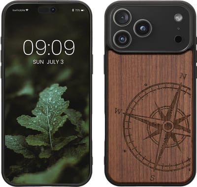 kwmobile telefoonhoesje geschikt voorApple iPhone 17 Pro Max - Hoesje met bumper - walnoothout - In donkerbruin Vintage Kompas design