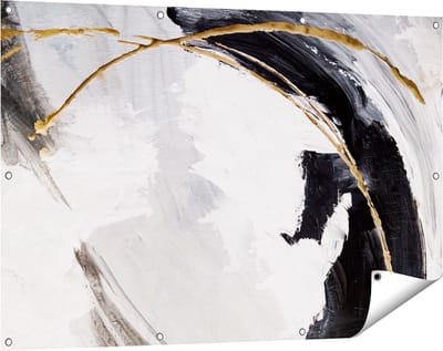 Gards Tuinposter Abstracte Kunst - Wit met Zwart en Goud - 120x80 cm - Tuindoek - Tuindecoratie - Wanddecoratie buiten - Tuinschilderij