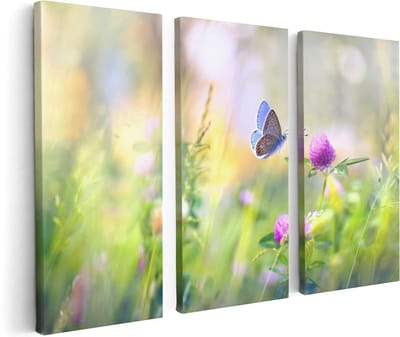 Artaza Canvas Schilderij Drieluik Blauwe Vlinder Bij Een Paarse Bloem - 120x80 - Foto Op Canvas - Canvas Print