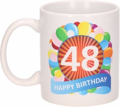 48 jaar Verjaardag koffiemok - cadeau beker - feestelijke ballonnen print - 300 ml - keramiek - wit
