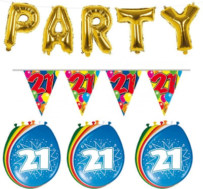 Folat - Verjaardag feestversiering 21 jaar PARTY letters en 16x ballonnen met 2x plastic vlaggetjes