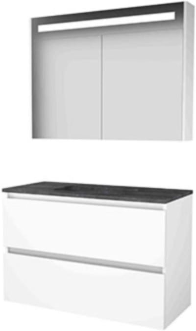 Basic-Line Premium 46 Badkamermeubelset - 100 x 46 cm - Greeploos - 2 Lades - Hardstenen Wastafel - Zonder Kraangat - Spiegelkast met LED Verlichting - Ice White