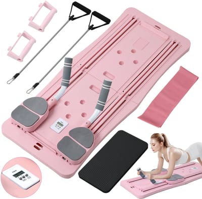 Maullin Pilates Board – Reformer met Weerstandsbanden & Timer – Roze - Incl. Oefeningen