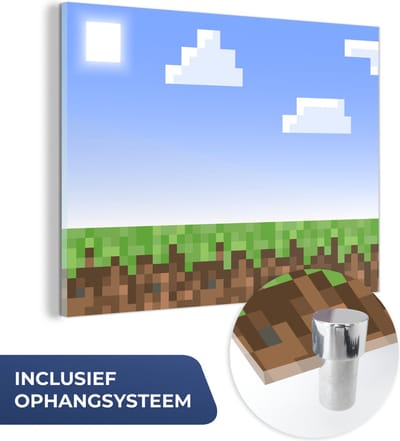 MuchoWow® Glasschilderij 40x30 cm - Schilderij acrylglas - Gaming - Pixel - Gamen - Gras - Foto op glas - Schilderijen