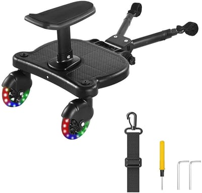 Cherrys Finds - Universele buggyplank met zitje – Kiddy board tot 25 kg - 360° Draaibaar - Tweewielig ontwerp – Sta- en zitvoetplank voor kinderwagens, peuters en kleuters
