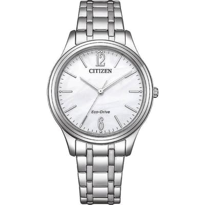 CITIZEN Série Eco-Drive Étanche à 50 mètres Quartz Optique Bracelet en Acier Montre pour Femme Cadran Nacre EM0411-71A