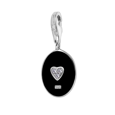 Quiges – 925 - Zilver – Charm - Bedel - Hanger - 3D Zwarte Ovaal met Zirkonia Hartje - met – sterling - zilver - karabijnslot - geschikt - voor -Bedelarmband HC170