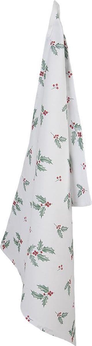 Clayre & Eef Theedoek 50x70 cm Groen Rood Katoen Hulstbladeren Keukenhanddoek