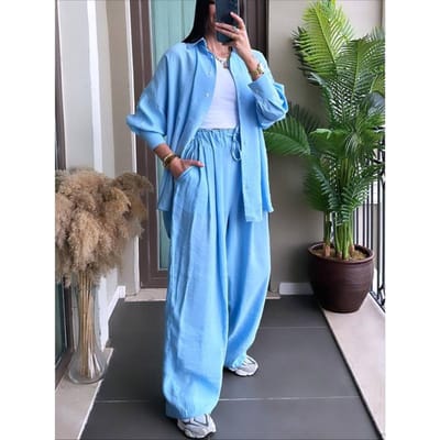 Grensoverschrijdende Set Dames Cardigan Effen Kleur Zak Lang Mouw Shirt Losse Elastische Taille Broek Dames Tweedelig S S lichtblauwe kleur