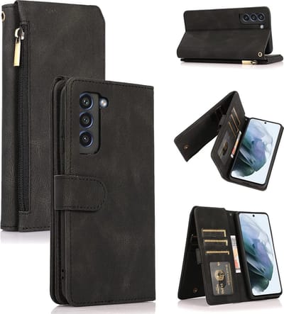 Casemania Hoesje Geschikt voor Samsung Galaxy S22 Plus - Zwart - Luxe Portemonnee Book Case met Rits & Extra Vakken