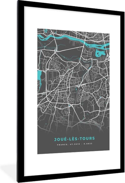 Fotolijst incl. Poster - Joué-lès-Tours - Frankrijk - Plattegrond - Kaart - Stadskaart - 80x120 cm - Posterlijst