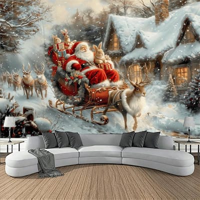 1 Stuk Kerstman Slee Wandkleed Voor Sneeuwstad Landschap Wanddecoratie In Woonkamer En Slaapkamer Feestdecoratie 40CMX60CM