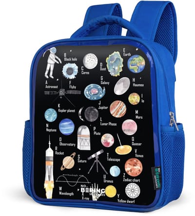 NoBoringSuitcases.com® - Rugzak blauw - Schooltas jongens - Alfabet in ruimte thema - Kinder rugtas jongen - Boekentas kind - Kinderrugzak voor school - Schoolrugzak