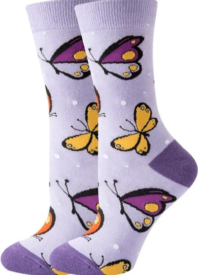 Sokken Dames - paars - geel - print vlinders - 36-40 - cadeau voor haar - geschenk - Kerst cadeau - gift