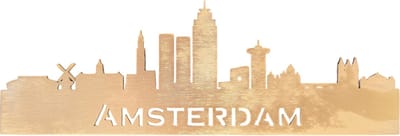 Houten skyline Amsterdam - Wanddecoratie / muurdecoratie - 38cm x 13cm - Het Rijksmuseum - De Grote Kerk - Goud