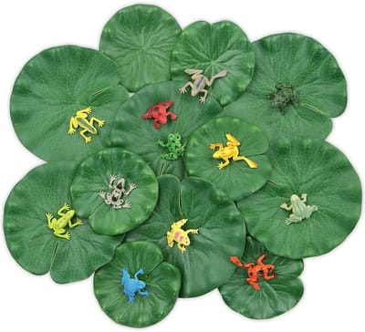 Artificial lily pads set met 12 mini kikkers - drijvende lotusbladeren - decoratie voor vijver en aquarium - ShopVlot