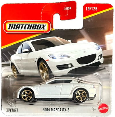 MATCHBOX 2004 MAZDA RX-8 WHITE METALIC 19/125 METAL (1:64) SHORT CARD