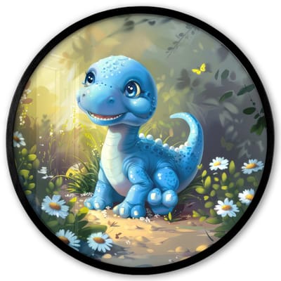 Poster in lijst Rond - Fotolijst 40x40 cm - Posters - Dino - Blauw - Baby - Dinosaurus - Ronde posterlijst zwart - Decoratie - Wanddecoratie woonkamer - Muurdecoratie slaapkamer