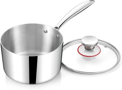 14 cm kookpan met glazen deksel, 3-laags roestvrij staal, inductie geschikt, 1.4 L steelpan voor gezond koken, vaatwasmachinebestendig en multifunctioneel