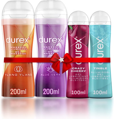 Durex - 4 Glijmiddelen - Waterbasis - 2 in 1 Aloë Vera 200ml - 2 in 1 Sensitive - Play Tingle Gel 100ml - Crazy Cherry (Kers) 100ml - Voordeelverpakking - Cadeau voor man en vrouw