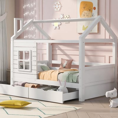 MEUNIQ Huisbed kinderbed 90x200 cm met uitvalbeveiliging, lattenbodem en 2 bedlades, wit grenenhouten bedframe met opbergruimte voor de kinderkamer