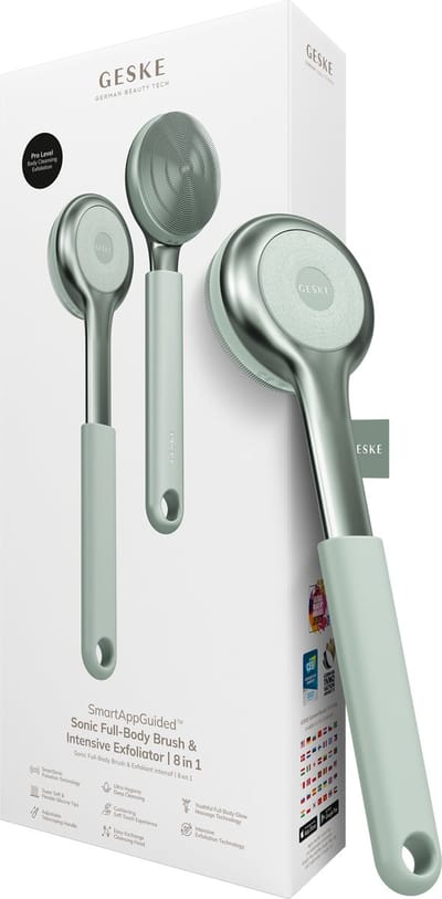 GESKE Sonic Full-Body Brush & Intensive Exfoliator | 8 in 1 | Reinigingsborstel | Met SmartSonic-pulsaties | Diepe reiniging, peeling, massage | Uitschuifbare handgreep | Ruwe huidverwijderaar