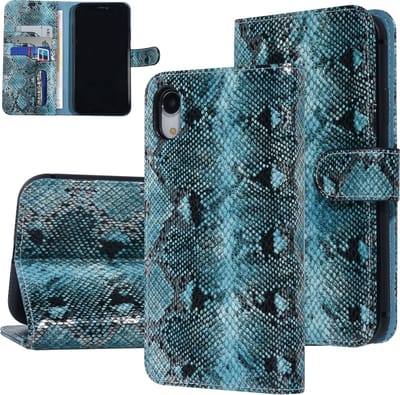 UNIQ Accessory iPhone XR Slangenleer Booktype hoesje - Pasjeshouder voor 3 pasjes - Zwart en Blauw