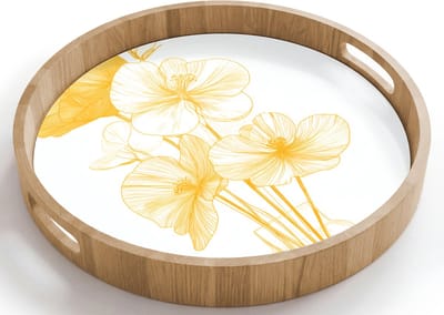 Dienblad rond 40x40 cm - Schootdienblad hout - Lijntekening - Bloemen - Geel - Vaas - Borrelplank rechthoek - Plateau houten dienbladen