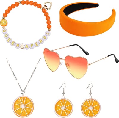 Aperol Kostuum voor Vrouwen met Hoofdband, Tule Rok, Oorbellen en Bril - Compleet 6-delig Carnaval Outfit voor Feestjes en Verkleedpartijen