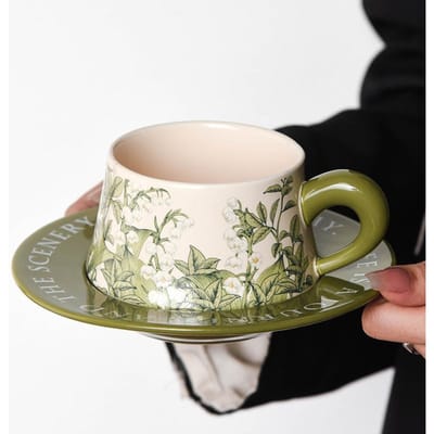 Keramische Mokken Retro Amerikaanse Handbeschilderde Koffiekopjes Groen Klokjesorchidee Kop en Schotel Keuken Borden Drinken Middagthee Mok 260ml