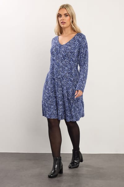 Yours Blauwe Jurk Met Bloemenprint En Plooien Aan De Voorkant Size 42