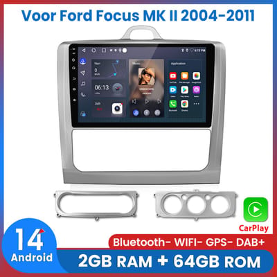 Awesafe Autoradio Geschikt Voor Ford Focus MK II 2004 t/m 2011 - Android 14 - Draadloos Apple Carplay & Android Auto - 2GB + 64GB - 4 Core processor - Bluetooth & Wifi GPS Navigatie - 2005 2006 2007 2008 2009 2010 2011