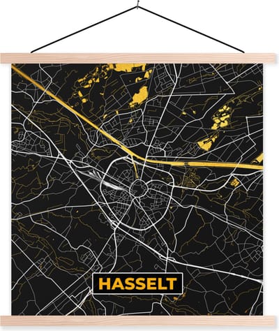 Posterhanger incl. Poster 40x40 cm - Schoolplaat - Kaart - Goud - Plattegrond - Hasselt - Stadskaart - Textielposter - Blanke latten - Stadskaart