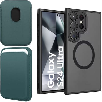 Hoesje + Pasjeshouder geschikt voor Samsung Galaxy S25 Ultra - Portemonnee geschikt voor MagSafe - Magnetisch - Pasjes Houder - Creditcardhouder - Turqoise