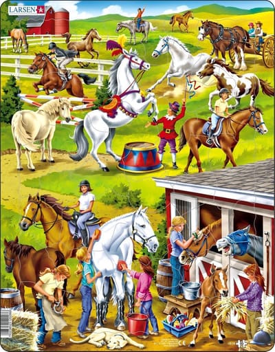 Larsen Het veelzijdige gebruik en de verzorging van paarden – Puzzel – Dieren – Paarden – Educatieve legpuzzel voor kinderen – 50 stukjes – Gemaakt in Noorwegen – Extra dikke 2,5 mm stukjes – Tray met vaste rand
