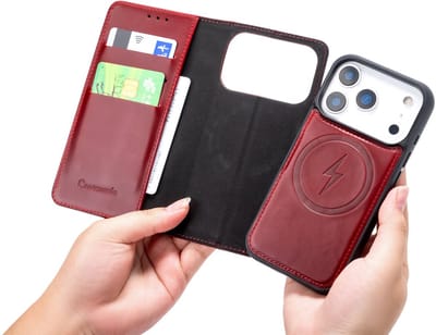 CaseMania Bookcase hoesje geschikt voor iPhone 17 Pro Max - Effen Rood - Leer - 2-in-1 Magnetisch Uitneembaar Design - Compatible met MagSafe