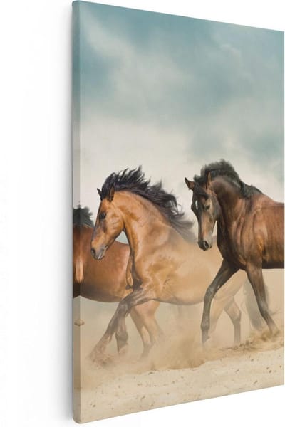 Artaza Canvas Schilderij Wilde Paarden - 20x30 cm - Klein - Canvas Schilderijen Woonkamer - Muurdecoratie Dierenkop - Galopperende Kudde