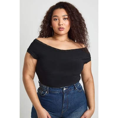 boohoo Dames Plus Size Kanten Rand Off-Shoulder Body | Zwart | Maat: 44
