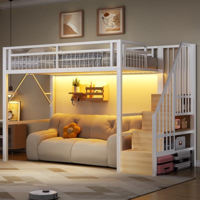 Hoogslaper - 90x200 cm - LED en Trap met Opbergruimte - met Open Ruimte - Metaal - Wit