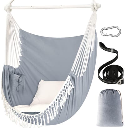 Hangstoel, 150 x 120 cm, vergrote hangschommel, max. 227 kg, 2 kussens, inclusief metalen spreidstang met antislip groeven, draagbare hangstoel, zijtas, Boheems, binnen, buiten