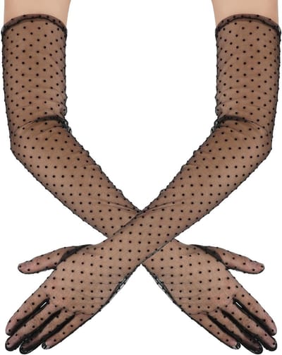 Elegante Zwarte Kant Tulle Handschoenen met Polka Dots - Vintage Elbow Length Voor Bruiloften, Theepartijen en Feestjes